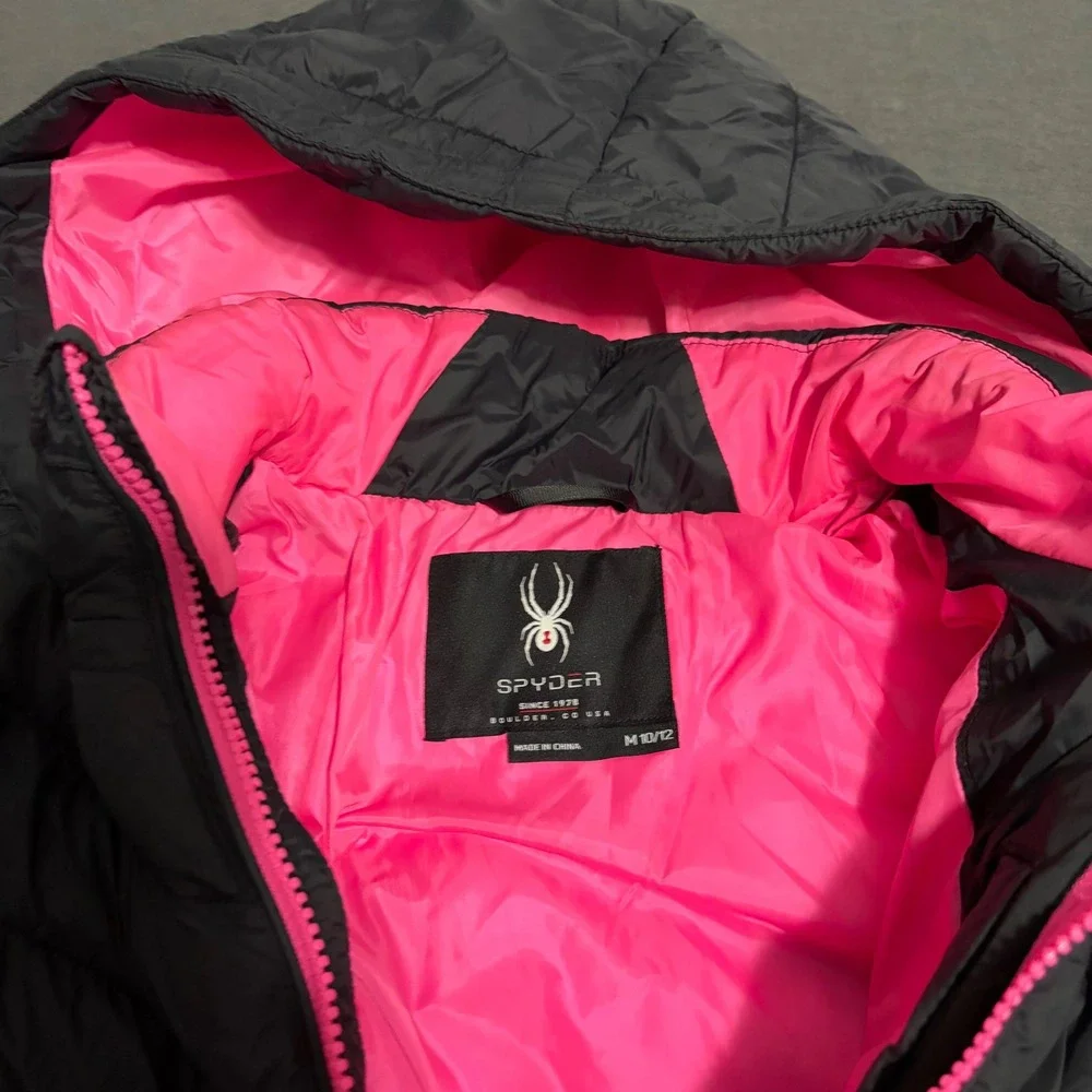 Spyder Puffer Parka Jacket Boy Girl M 10-12 Black Pink Hood Long Warm Ski Snow